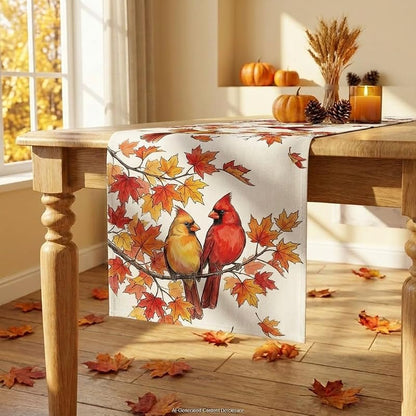 Fall Table Runner 13x72 Inch Cardinals Maple Leaf Burlap Autumn Decor