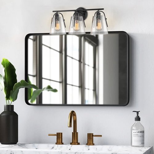 Kira Home Branson 22" 3-Light Modern Farmhouse Vanity/Bathroom Light + Seeded Glass Cone Shades, Black Finish