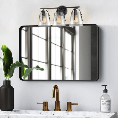 Kira Home Branson 22" 3-Light Modern Farmhouse Vanity/Bathroom Light + Seeded Glass Cone Shades, Black Finish