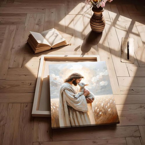 Jesus Holding Lamb Canvas Wall Art - Framed Christian Decor for Home | 12x16in Good Shepherd Painting