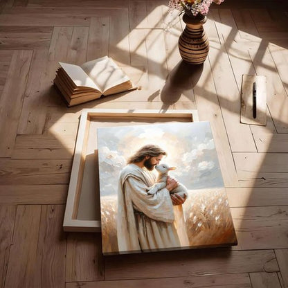Jesus Holding Lamb Canvas Wall Art - Framed Christian Decor for Home | 12x16in Good Shepherd Painting