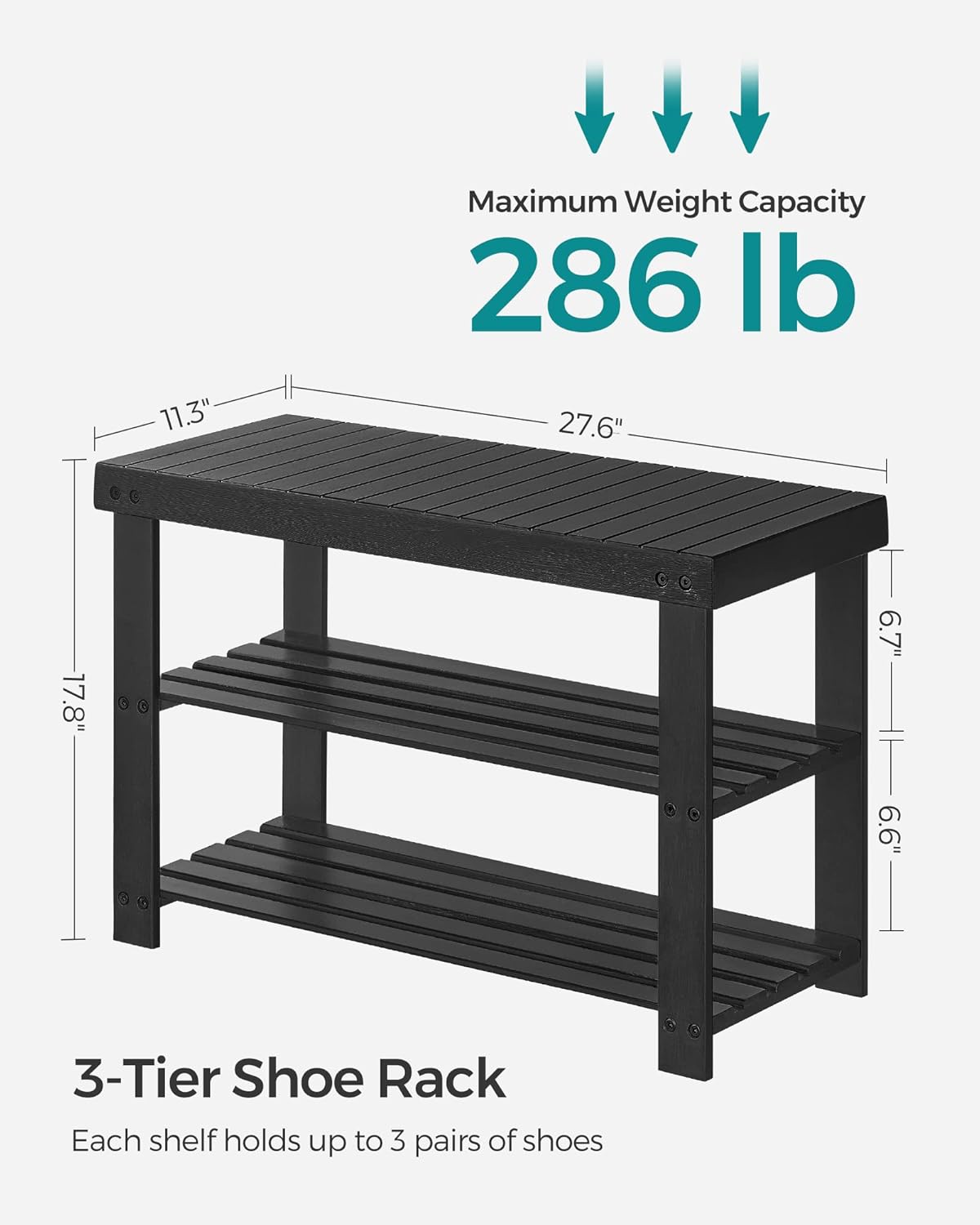 SONGMICS Shoe Rack Bench - 3-Tier Bamboo Storage Organizer | Holds 286 lb - Ink Black, 11.3 x 27.6 x 17.8 Inches