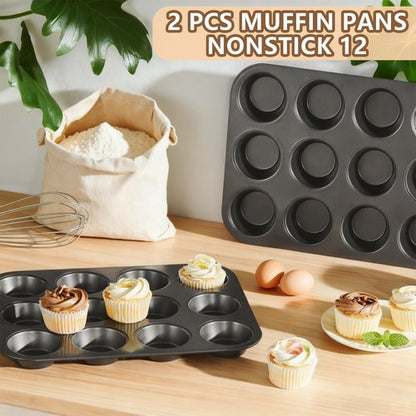 Heavy Duty Steel Muffin Tin Set - 12-Well Nonstick Cupcake Pans | Set of 2