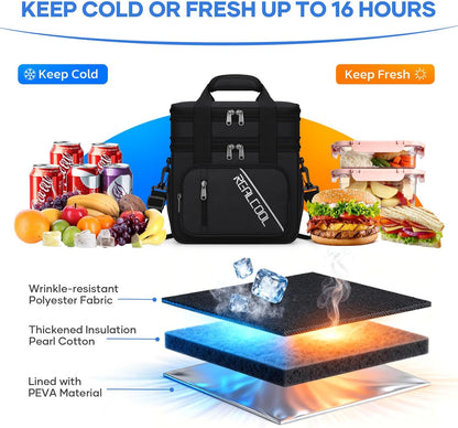 RealCool Insulated Lunch Bag - Double Deck Leakproof Soft Cooler for Work & Travel | Black