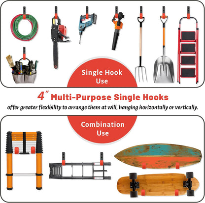 Skiennix 4-Inch Heavy Duty Garage Hooks - 6 Pack Wall Mount Tool Organizers | Steel Utility Ladder Hangers (55lbs Capacity)