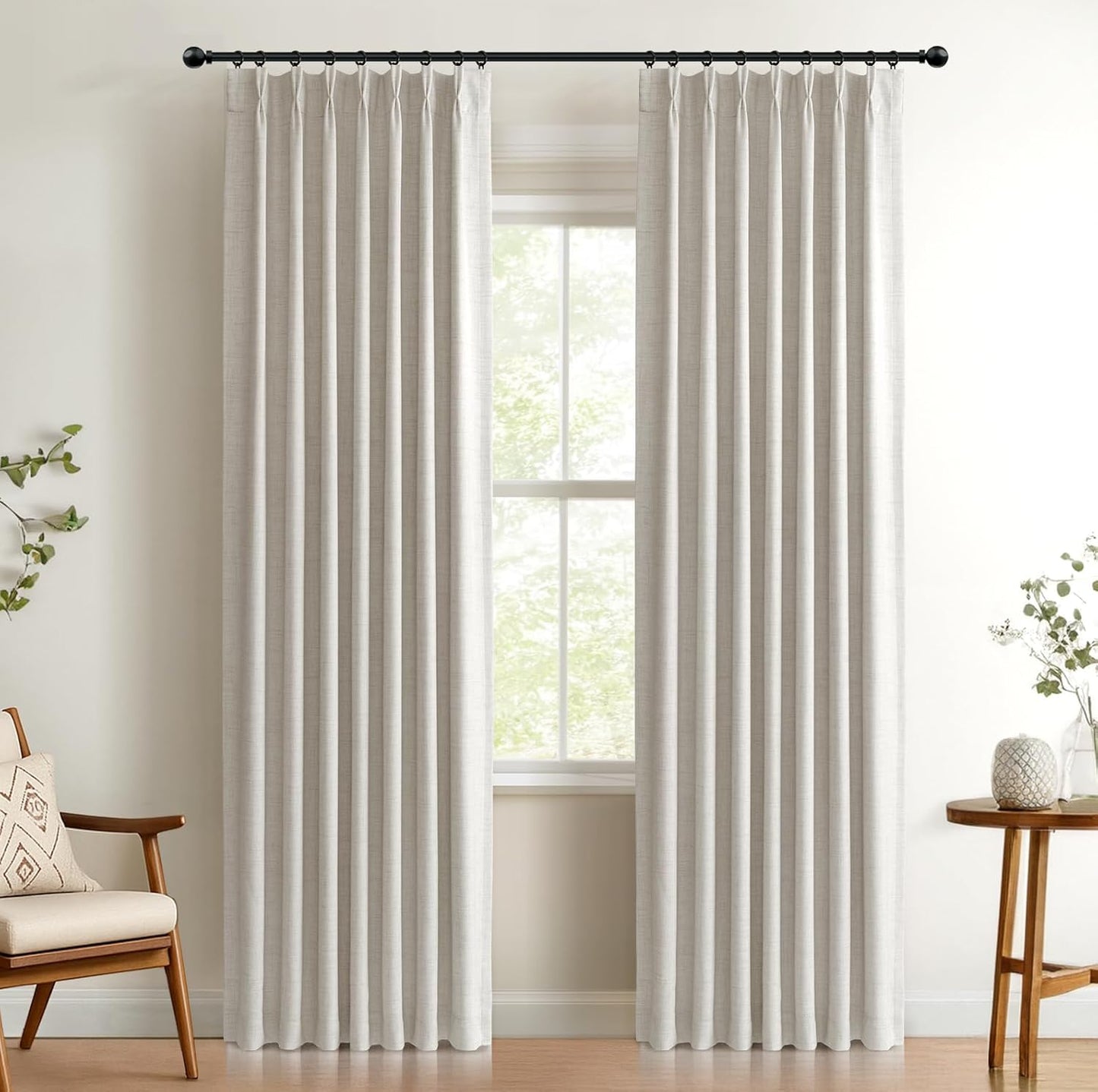 Skiennix 100% Blackout Curtains - Textured Pinch Pleated Drapes, 84" Long, Beige, 2 Panels Set
