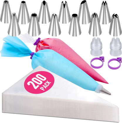 Skiennix 200-Pc Piping Bags and Tips Set - 12-Inch Disposable Pastry Bags with 12 Frosting Tips & 2 Couplers