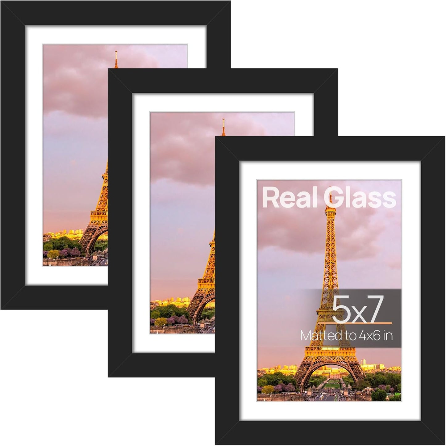 Upsimples 5x7 Picture Frame Set of 3 - High Definition Glass for 4x6 or 5x7 Displays | Black