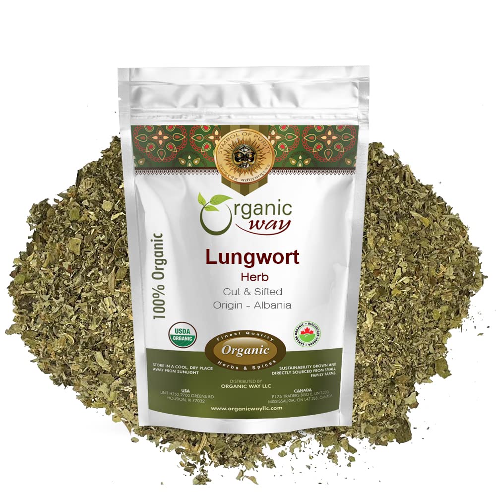 Organic Way Lungwort Dried Leaves (Pulmonaria Officinalis) Cut & Sifted - Herbal Tea | Organic & Kosher Certified | Raw, Vegan, Non GMO & Gluten Free | USDA Certified | Origin - Albania (2 Ounce)