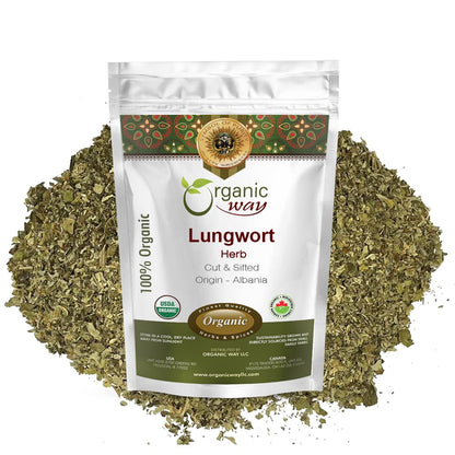 Organic Way Lungwort Dried Leaves (Pulmonaria Officinalis) Cut & Sifted - Herbal Tea | Organic & Kosher Certified | Raw, Vegan, Non GMO & Gluten Free | USDA Certified | Origin - Albania (2 Ounce)