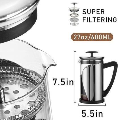 KYZ French Press Coffee Maker - 20oz Borosilicate Glass with 304 Stainless Steel & 4-Level Filter | BPA Free, Easy to Clean
