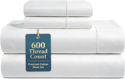 **LANE LINEN King Size Sheet Set - 600 Thread Count 100% Cotton, Naturally Cool & Durable - White**