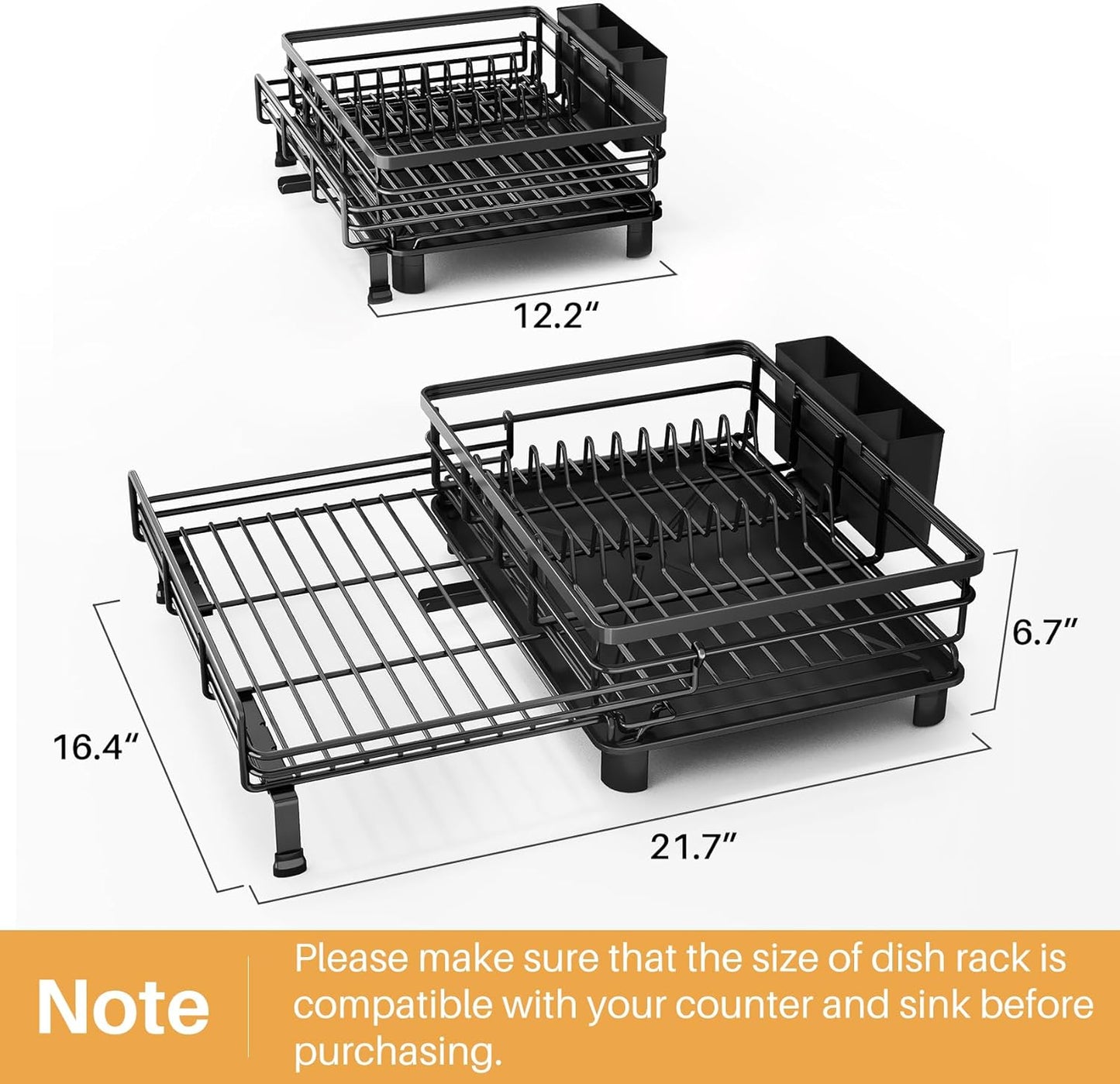 SNTD Dish Drying Rack - Extendable Stainless Steel Dish Drainer with Utensil Holder | Black