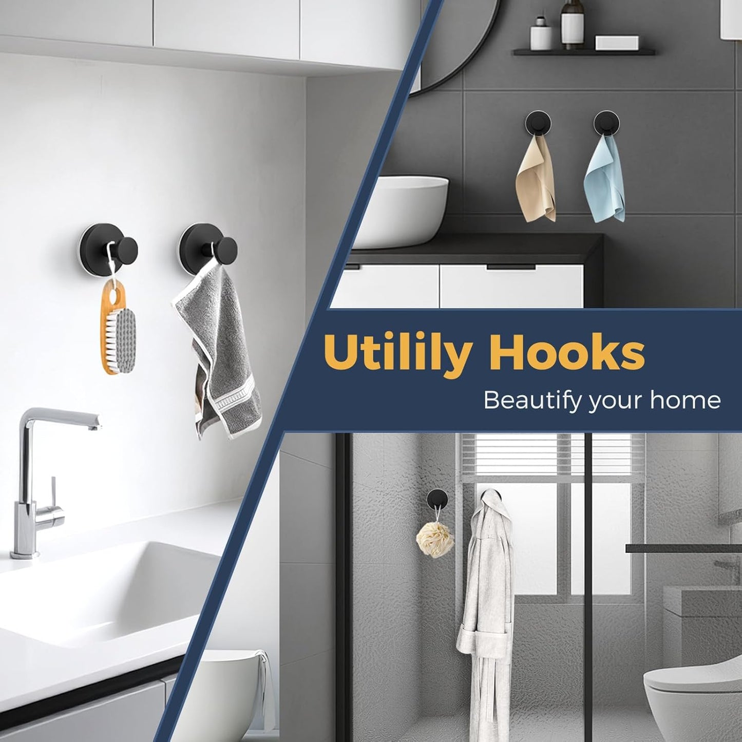 Skiennix Large Suction Cup Hooks - Reusable No-Drill Bathroom Towel Hooks | 4 Pack in Matte Black