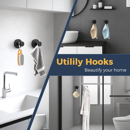 Skiennix Large Suction Cup Hooks - Reusable No-Drill Bathroom Towel Hooks | 4 Pack in Matte Black