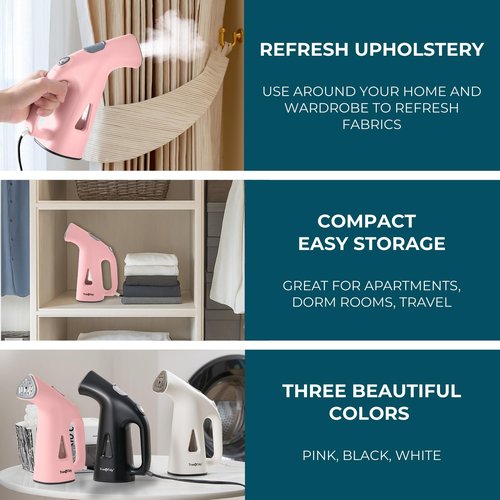 True & Tidy® Handheld Garment Steamer for Clothes with Water Cup Accessory, Portable Travel Steam Iron, Stainless Steel Plate up to 10 mins of Continuous Steam, 800 Watts, Pink