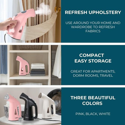 True & Tidy® Handheld Garment Steamer for Clothes with Water Cup Accessory, Portable Travel Steam Iron, Stainless Steel Plate up to 10 mins of Continuous Steam, 800 Watts, Pink