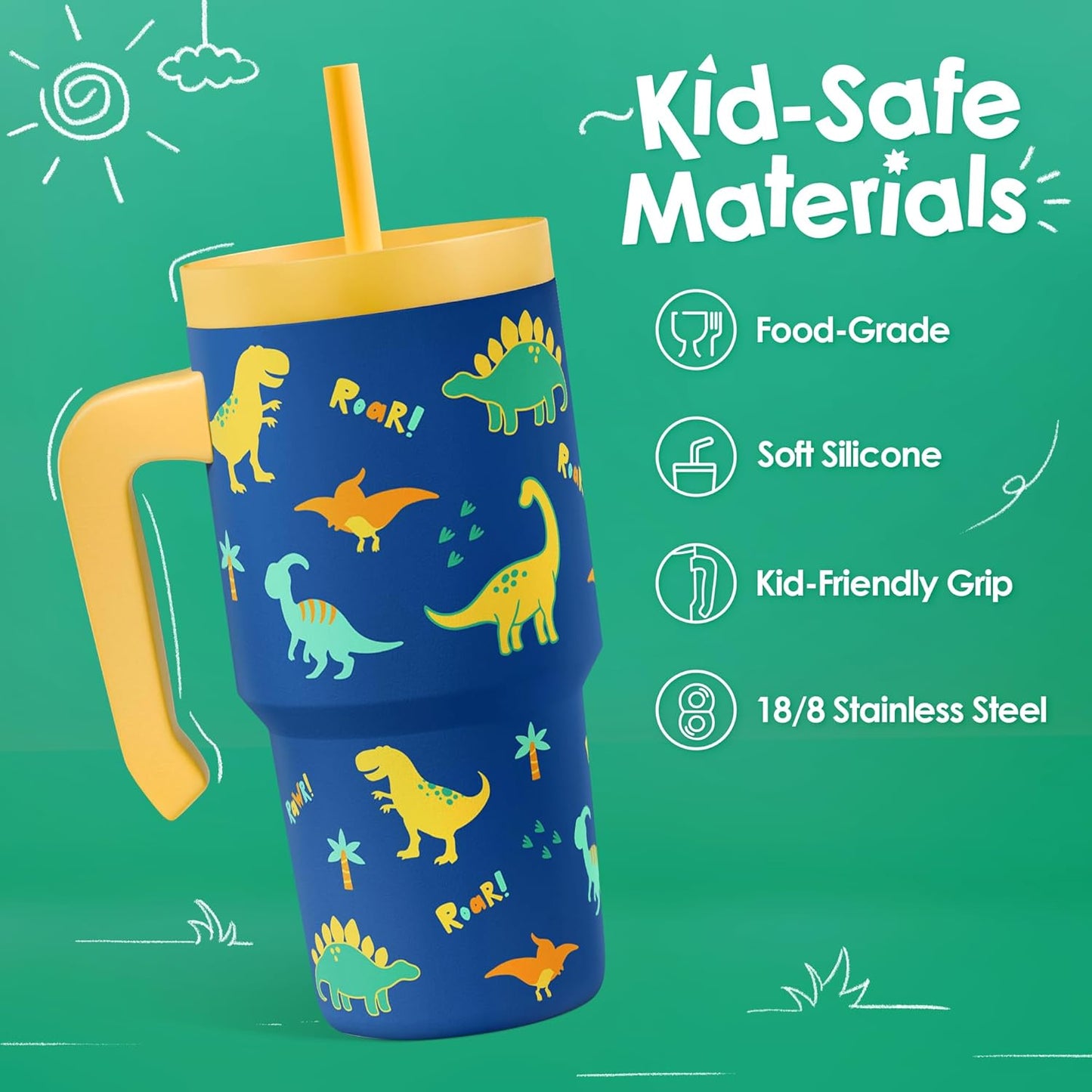 SANDJEST 20oz Dinosaur Tumbler - Insulated Stainless Steel Cup with Handle & Silicone Straw | Perfect Gift for Kids