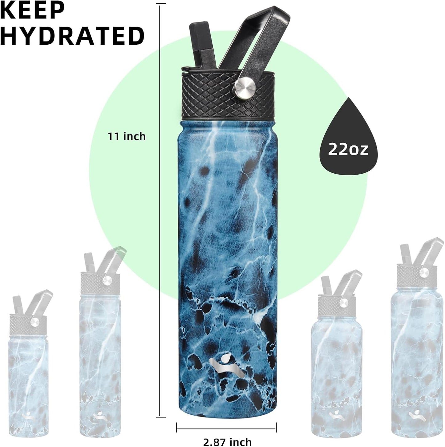 Skiennix 22oz Stainless Steel Water Bottle - Insulated with 3 Lids | Marble Ocean Design