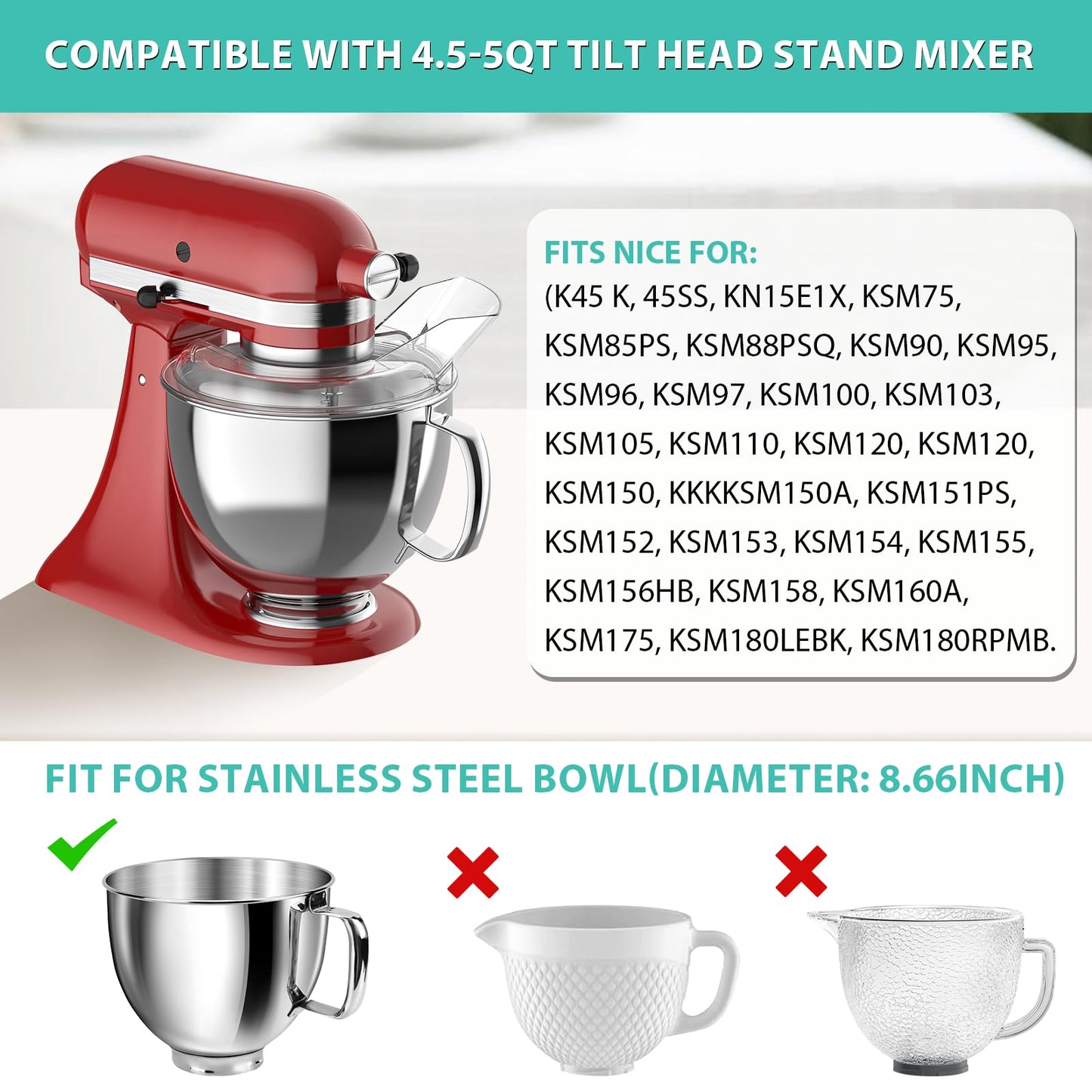 Pouring Shield and Mixer Bowl Cover Compatible with Kitchenaid 4.5-5QT Bowl-Lift Stand Mixers, Splatter Guard Lids for Stainless Steel Mixer Bowl to Prevent Spilling