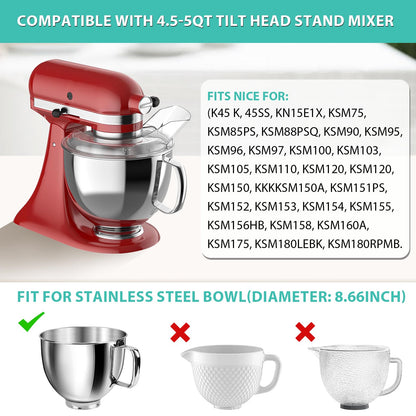 Pouring Shield and Mixer Bowl Cover Compatible with Kitchenaid 4.5-5QT Bowl-Lift Stand Mixers, Splatter Guard Lids for Stainless Steel Mixer Bowl to Prevent Spilling