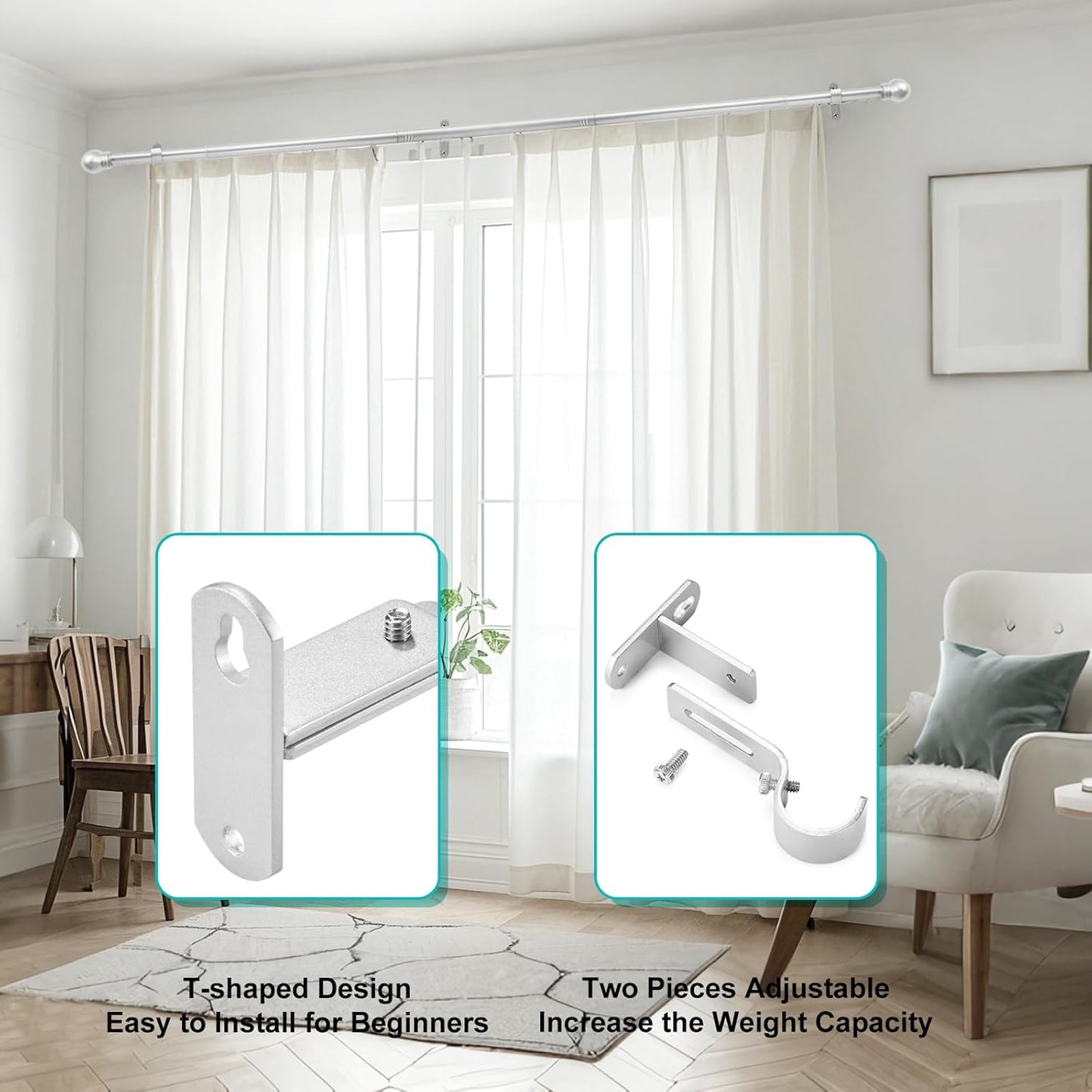 Skiennix Adjustable Curtain Rod Brackets - Durable Metal Drapery Hanger Holders for 1-Inch Rods | Satin Silver, Set of 2