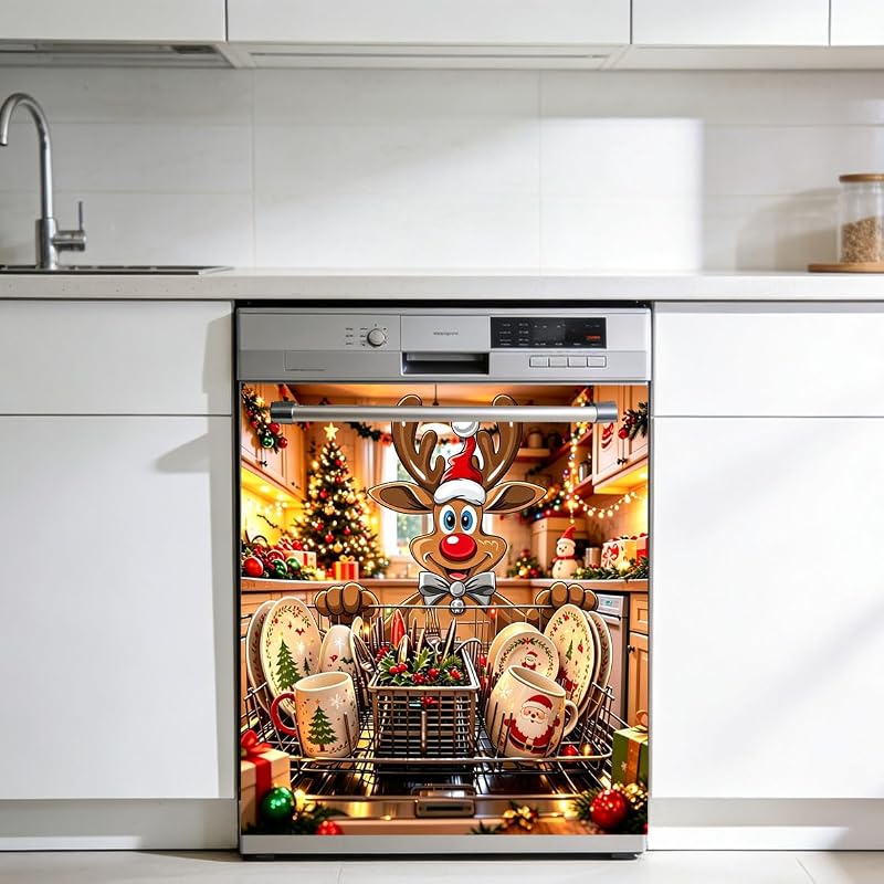 New Christmas Reindeer Dishwasher Door Sticker - Waterproof Vinyl Decal (Variation: New+Christmas Reindeer)