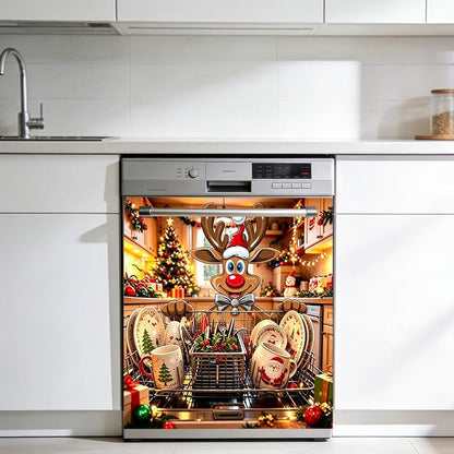 New Christmas Reindeer Dishwasher Door Sticker - Waterproof Vinyl Decal (Variation: New+Christmas Reindeer)
