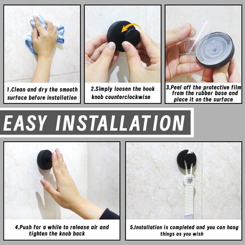 Benvo Suction Cup Hooks - No Drill Stainless Steel Hanging Hooks for Bathroom & Kitchen | 2 Pack, Black