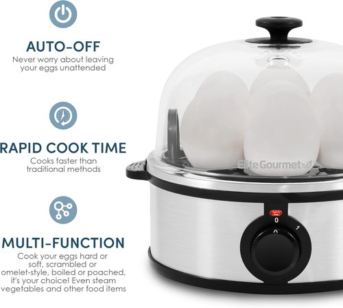 Elite Gourmet EGC648 Electric Egg Poacher - Boil Up to 7 Eggs Soft, Medium, Hard | Auto Shut-Off, BPA-Free