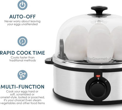 Elite Gourmet EGC648 Electric Egg Poacher - Boil Up to 7 Eggs Soft, Medium, Hard | Auto Shut-Off, BPA-Free