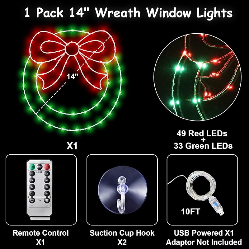 Variation 1: 14-Inch USB Christmas Wreath Window Lights with 8 Modes