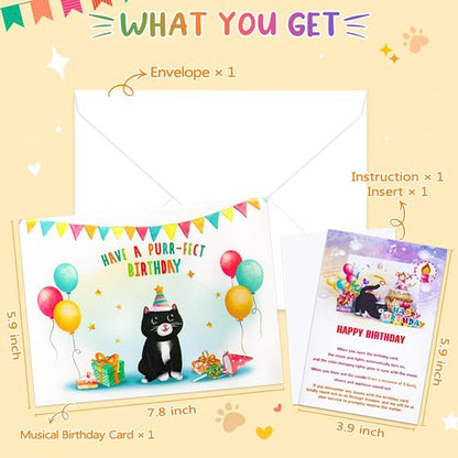 FITMITE Cute Cat Birthday Card - Pop-Up Design with Music, Lights & Blowable Candle | Perfect Gift for Cat Lovers
