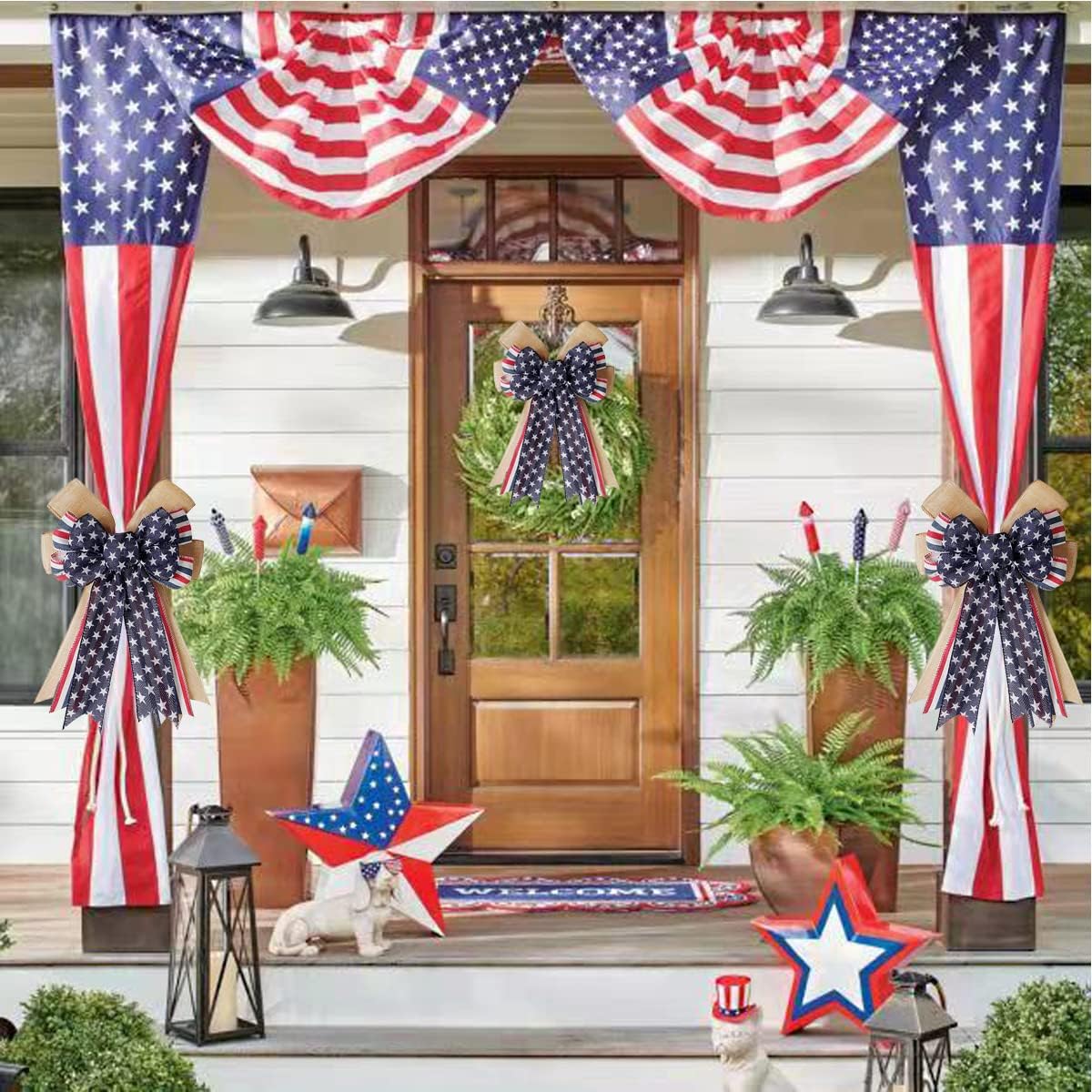 Patriotic Decor Bows | Burlap Red, White & Blue Stripe Stars Tree Topper Bow for 4th of July