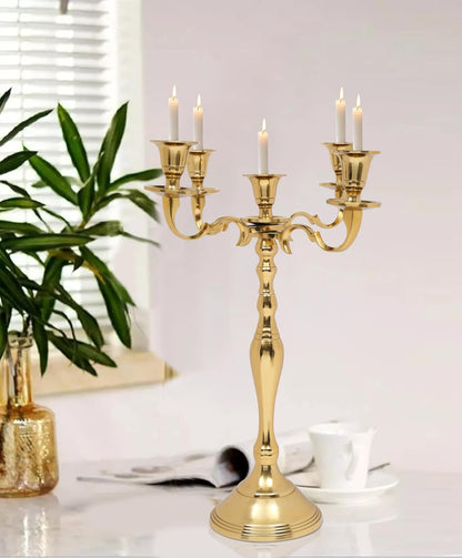 Metal Candelabra | Five Arm Decorative Candlestick Holder - 16 Inch Tall Gold Centerpiece for Weddings & Events