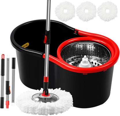 Skiennix Spin Mop and Bucket Set - 360° Cleaning System with 3 Microfiber Refills & 50" Handle | Black