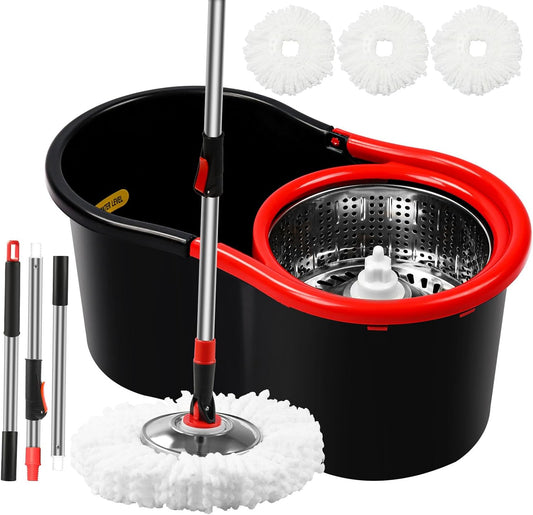 Skiennix Spin Mop and Bucket Set - 360° Cleaning System with 3 Microfiber Refills & 50" Handle | Black