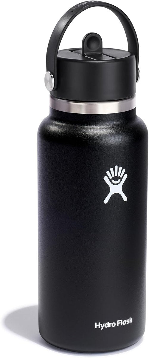 Hydro Flask Water Bottle - Insulated Stainless Steel - Leakproof Wide Straw Lid | 32 Oz Black