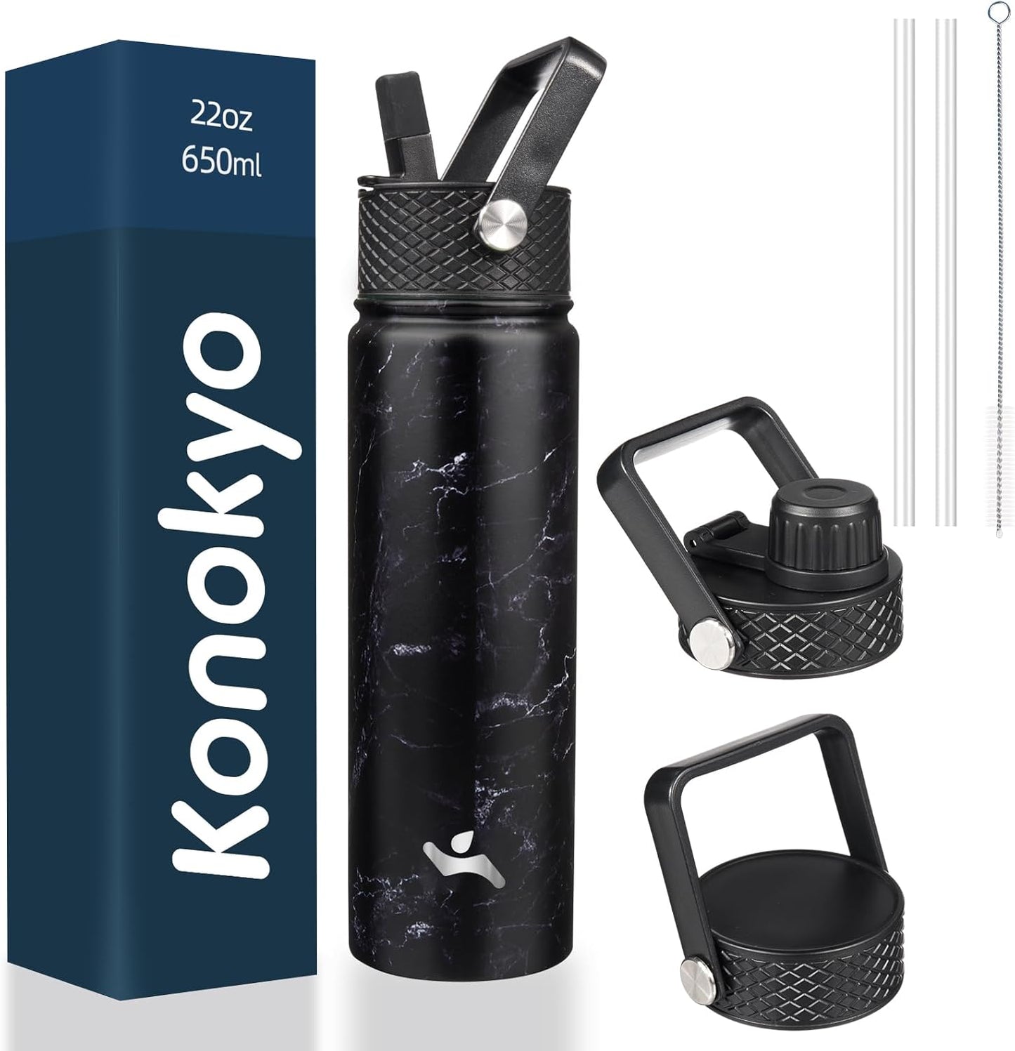 Skiennix 22oz Stainless Steel Water Bottle - Insulated with 3 Lids | Marble Midnight Finish