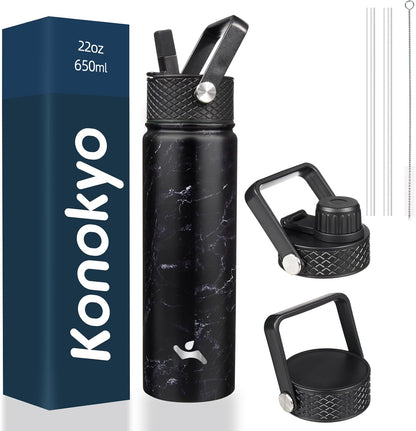 Skiennix 22oz Stainless Steel Water Bottle - Insulated with 3 Lids | Marble Midnight Finish