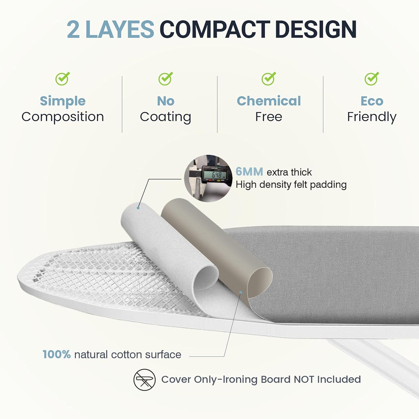 UniSimp Ironing Board Cover - Extra Thick Natural Cotton, Scorch & Stain Resistant | 15"x54", Heatproof Gray