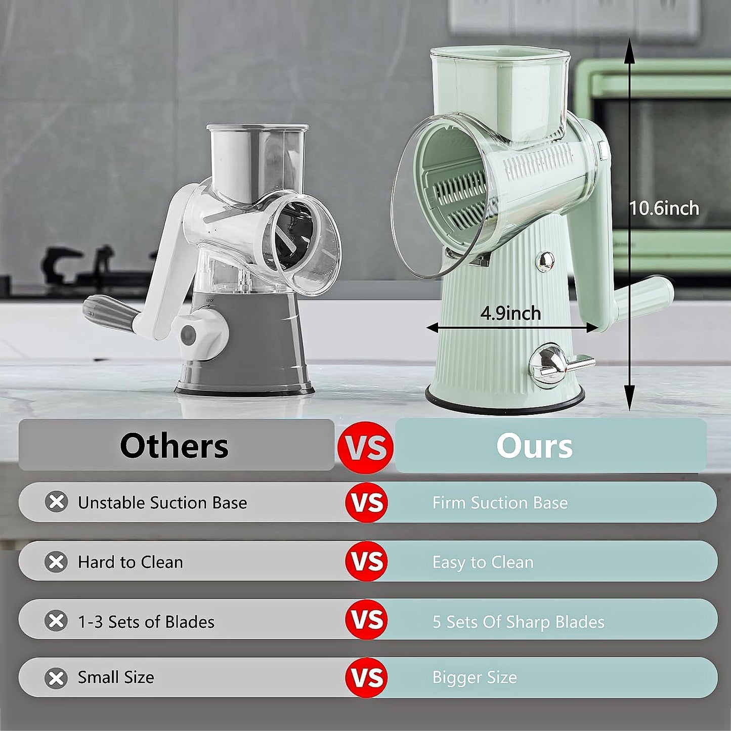 PDAENLKY Rotary Cheese Grater with Handle 5 in 1 Cheese Grater Hand Crank Cheese Shredder with Strong Suction Base Kitchen Vegetable Slicer with 5 Interchangeable Blades, Storage Box, Green