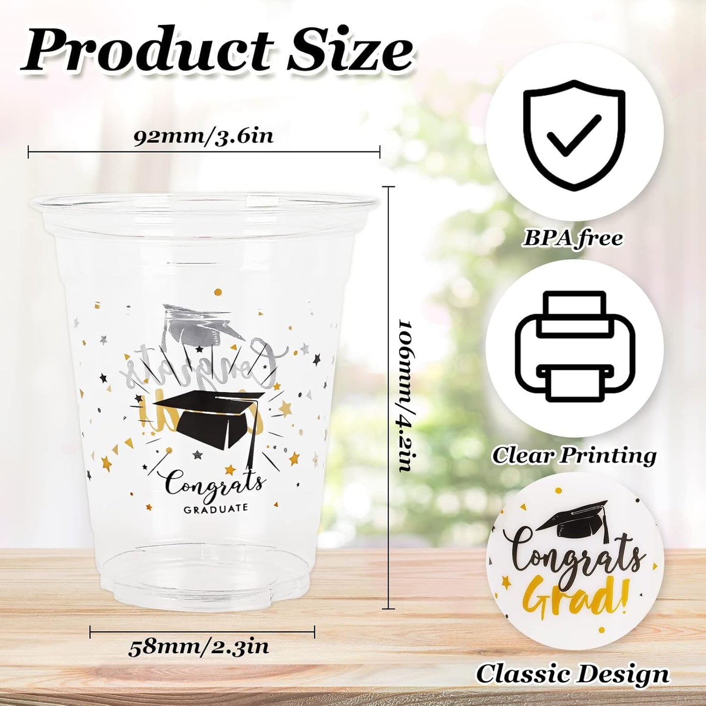 Whaline Graduation Cups - 12oz Black & Gold Disposable Party Cups for Class of 2025 | 50 Pack