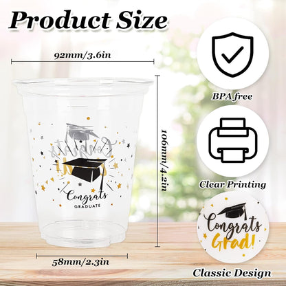 Whaline Graduation Cups - 12oz Black & Gold Disposable Party Cups for Class of 2025 | 50 Pack