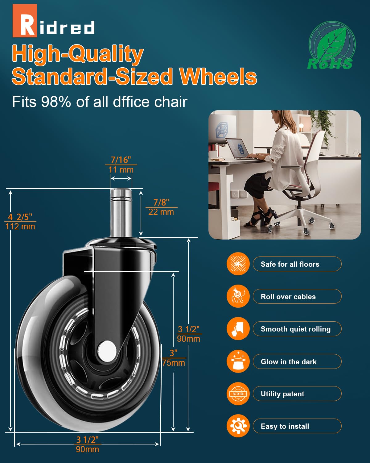 RidRed Office Chair Wheels - Heavy-Duty 3 Inch Rubber Casters - Universal Fit, Noise-Free, Ideal for All Floors (Set of 5)
