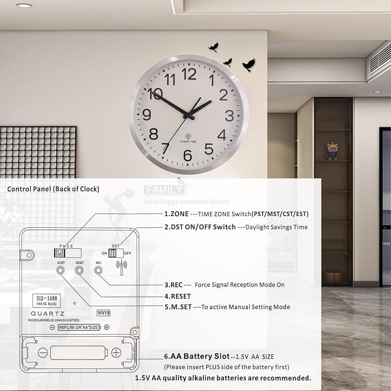 Atomic 12-Inch Wall Clock with Silver Aluminum Frame – Radio Controlled