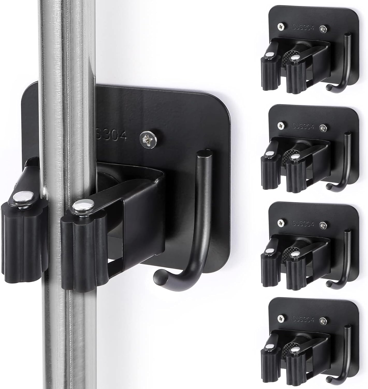 Stainless Steel Broom Holder - Heavy Duty, Rust Resistant with 4 Gripper Positions & Hooks | Black