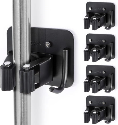 Stainless Steel Broom Holder - Heavy Duty, Rust Resistant with 4 Gripper Positions & Hooks | Black