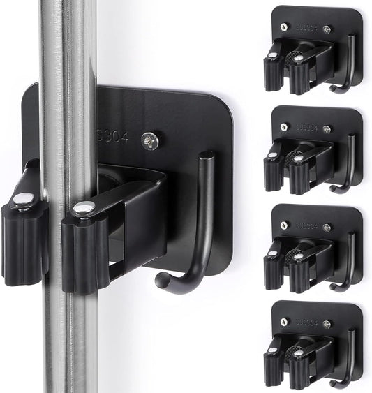 Stainless Steel Broom Holder - Heavy Duty, Rust Resistant with 4 Gripper Positions & Hooks | Black