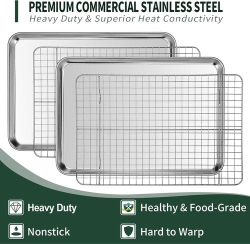 CEKEE Stainless Steel Half Sheet Pans Set - 2 Large Baking Sheets with Racks | Rust & Warp Resistant, 18 Inch